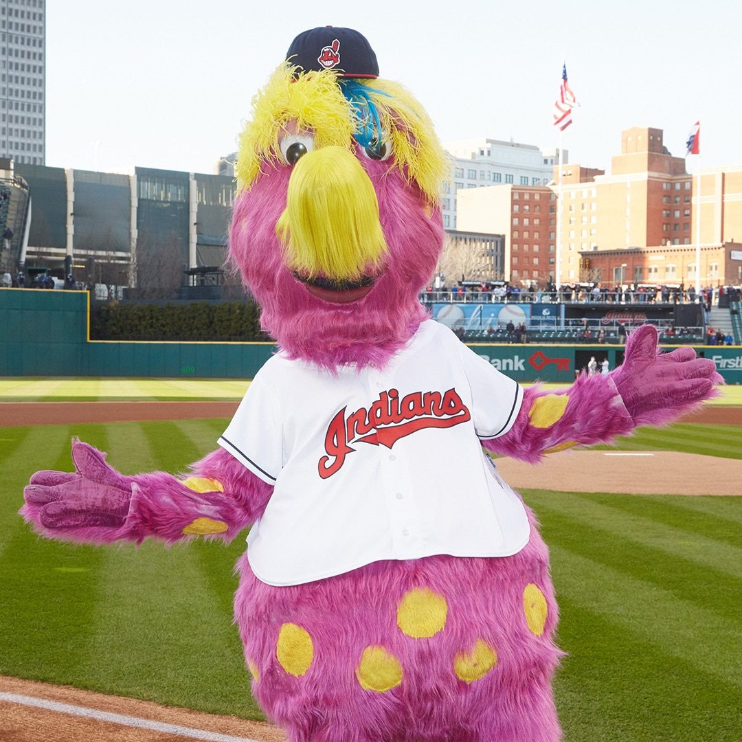 Cleveland Guardians mascot Slider claps prior to a game against