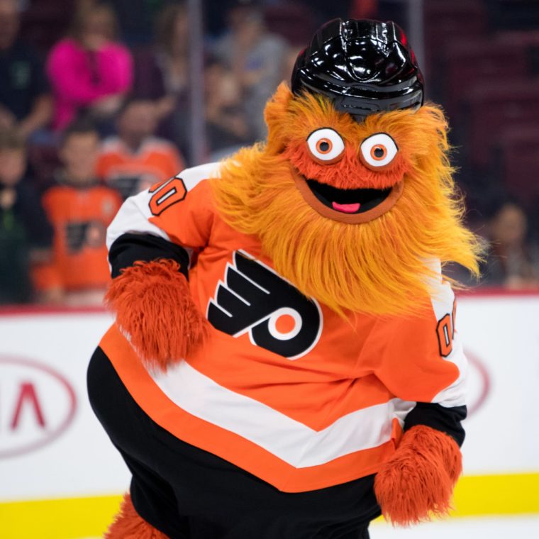 PHILADELPHIA, PA - SEPTEMBER 27: New Flyers mascot Gritty entertains fans during the Preseason game between the New York Rangers and Philadelphia Flyers on September 27, 2018 at Wells Fargo Center in Philadelphia, PA. (Photo by Kyle Ross/Icon Sportswire via Getty Images)