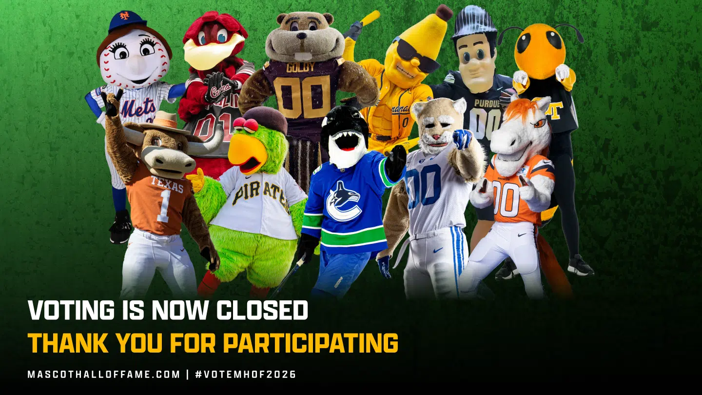A group of colorful sports mascots pose together in front of a green background. Text below reads, Voting is now closed. Thank you for participating. mascothalloffame.com #votemhof2026.