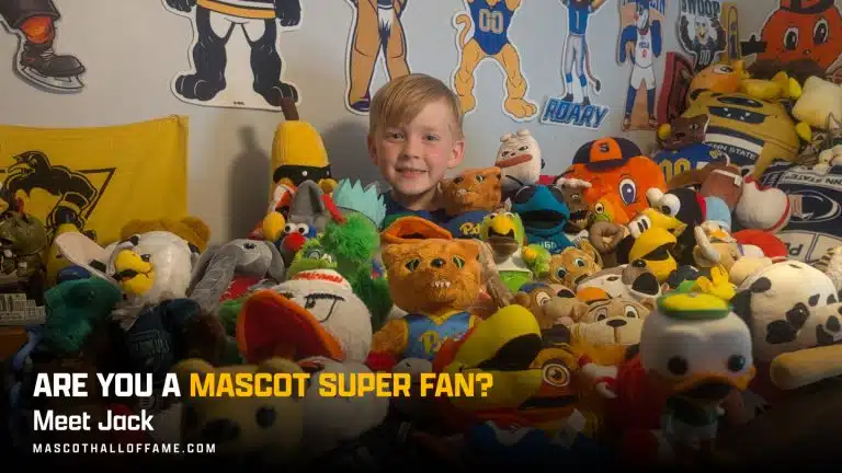 A smiling boy named Jack sits surrounded by dozens of colorful mascot plush toys in a room decorated with mascot posters and pennants. Text reads: Are you a Mascot Superfan? Meet Jack.