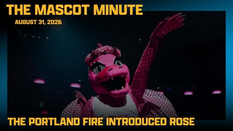 A pink dragon mascot with flowers on its head waves its arm; yellow text reads, The Mascot Minute, August 31, 2026, as The Portland Fire introduced Rose in this special edition of The Mascot Minute.