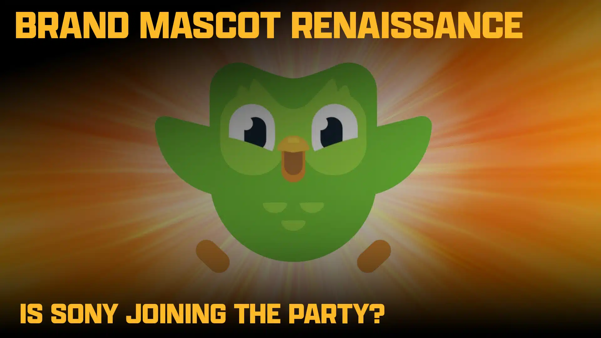 Green cartoon owl mascot with wide eyes and orange background. Bold yellow text reads, BRAND MASCOT RENAISSANCE at top and IS SONY JOINING THE PARTY? at bottom, highlighting how brands are bringing playful mascots back into the spotlight.