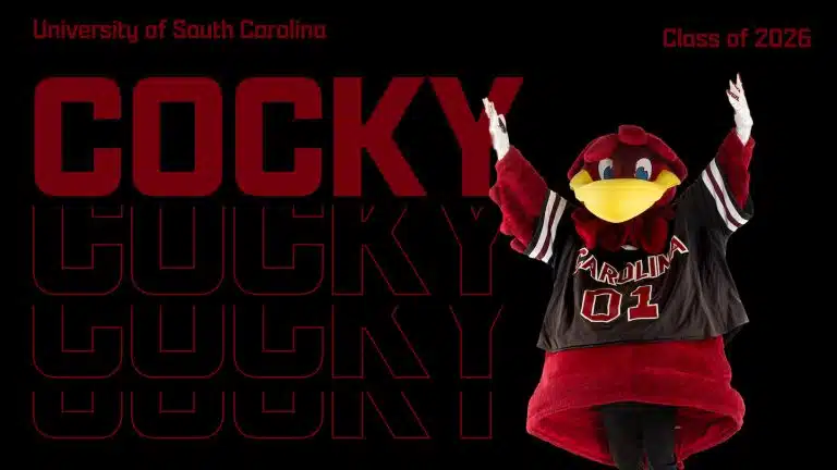 University of South Carolina mascot Cocky in a jersey poses with one arm raised; bold COCKY text in the background, and Class of 2026 in the top corners.