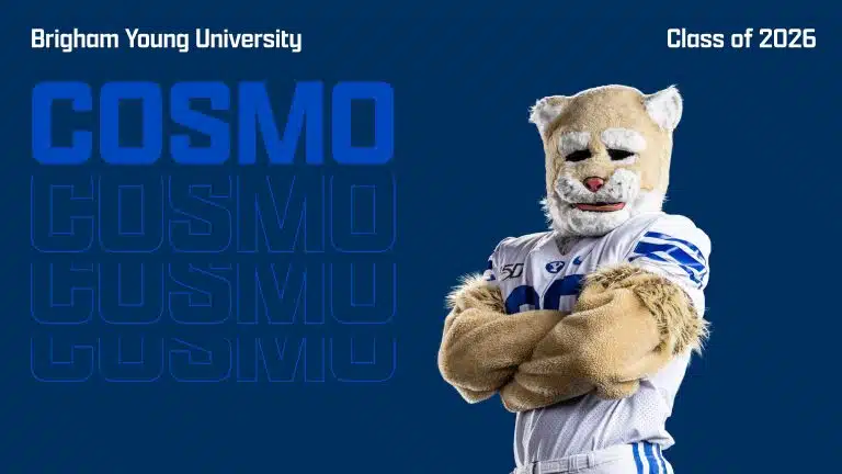 BYU mascot Cosmo the Cougar stands with arms crossed, wearing a football uniform. Brigham Young University, Class of 2026, and COSMO are written on the image with a blue and white color scheme.