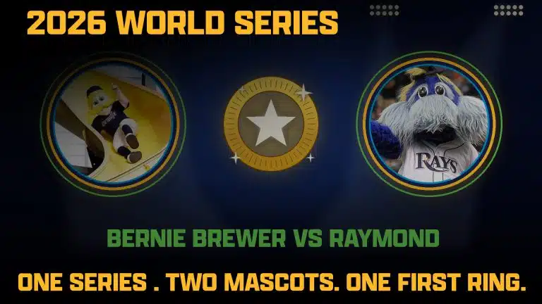 2026 World Series graphic featuring Milwaukee Brewers mascot Bernie Brewer and Tampa Bay Rays mascot Raymond, with the text Bernie Brewer vs Raymond. One series. Two mascots. One first ring.