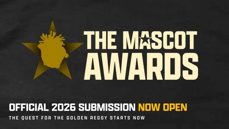 The Mascot Awards logo features a star emblem with text announcing that the 2026 High School Mascot submission is now open and the quest for the Golden Reggy starts now.