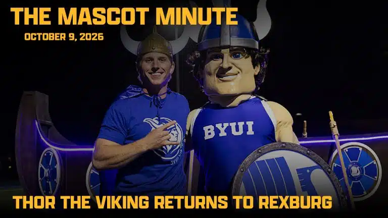 A man in a viking helmet and a BYU-I mascot stand before a viking ship for the Mascot Minute, October 12, 2026, as Thor the Viking returns to Rexburg. Photo: BYU-Idaho