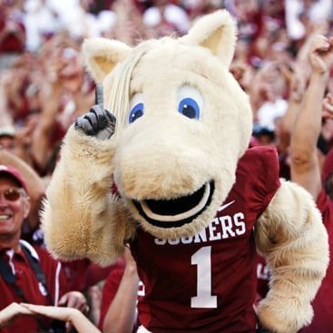 Merrill Jones/The Daily

Sooner mascot Boomer cheers with fans after the OU-TX game, celebrating the OU victory.