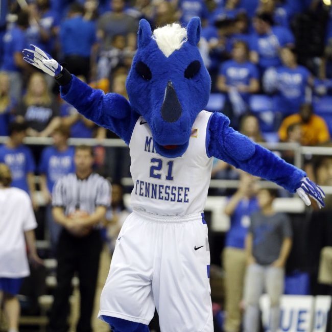 The Middle Tennessee mascot performs in the second half of an NCAA college basketball game between Middle Tennessee and Tennessee on Friday, Nov. 8, 2013, in Murfreesboro, Tenn. Tennessee won 67-57. (AP Photo/Mark Humphrey)