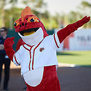 Florida Fire Frogs mascot Striker poses for photos before the teams inaugural game against the Daytona Tortugas on April 6, 2017 at Osceola County Stadium in Kissimmee, Florida. Daytona defeated Florida 3-1. (Mike Janes/Four Seam Images)