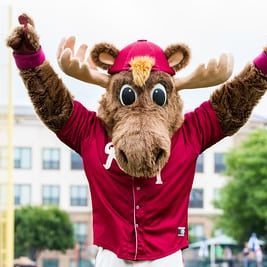 Frisco RoughRiders mascot 'Bull Moose' performs on the field before a game against the Midland RockHounds at Dr. Pepper Ballpark in Frisco, Texas, Sunday, May 8, 2016. (Photo by Sam Hodde)