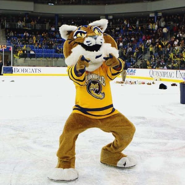 HAMDEN, CT - FEBRUARY 20: The Quinnipiac Bobcats mascot rallies the crowd at the Yale Bulldogs game on February 20, 2009 at the TD Banknorth Sports Complex in Hamden, Conneticute. Yale and Quinnipiac tied 3-3. (Photo by Mike Stobe/Getty Images  (Photo by Mike Stobe/Getty Images)